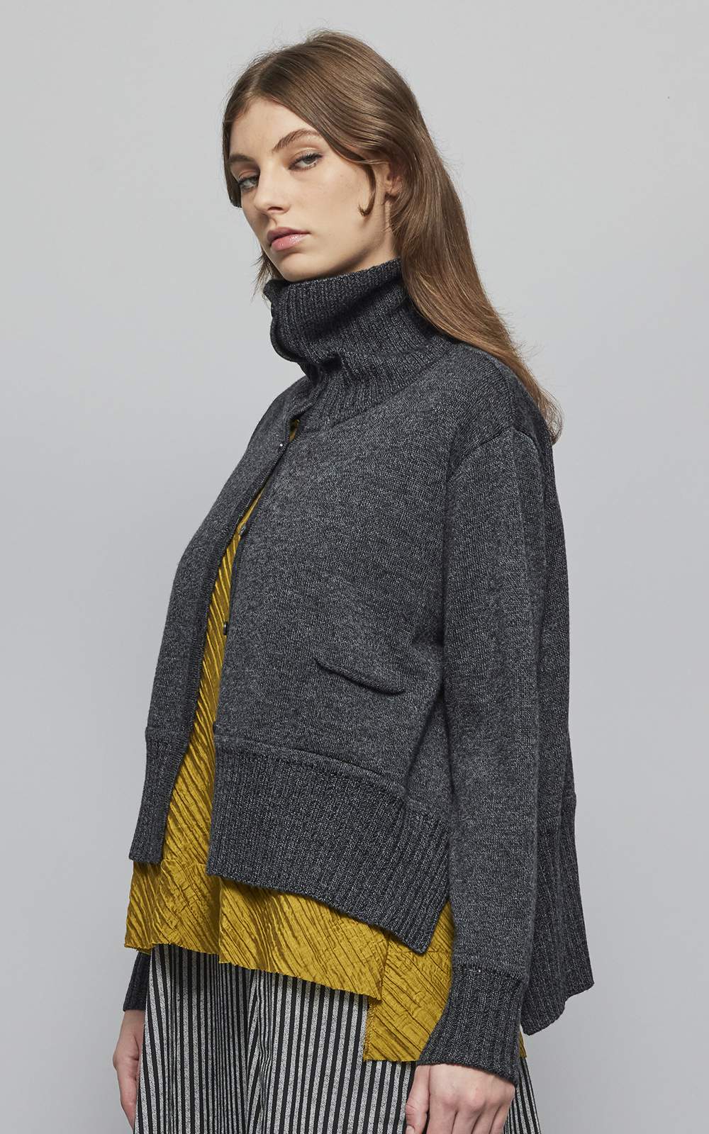 Enfold Funnel Neck Cardigan – Zebrano | Designer Clothing NZ