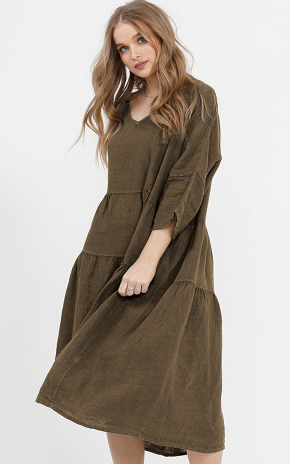 Stella floral rose linen dress in dark chocolate. on sale Tiered one size linen floral dress in Chocolate.