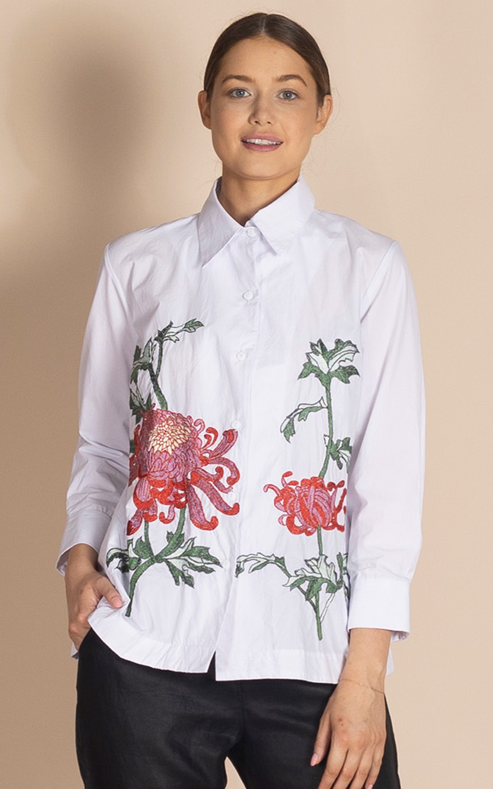 Chrysanthemum Emboidered Trapeze Shirt – Zebrano | Designer Clothing NZ